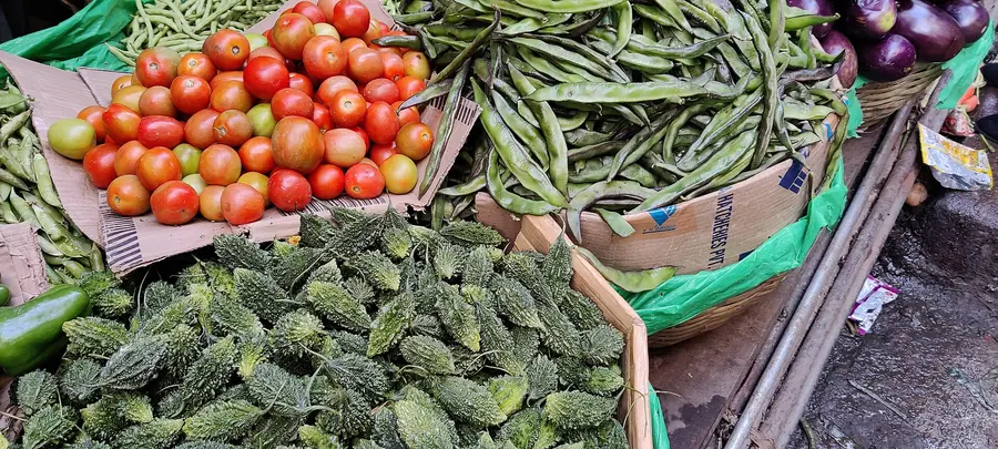 Crates of tomatoes, beans and bitter gourd at a produce market